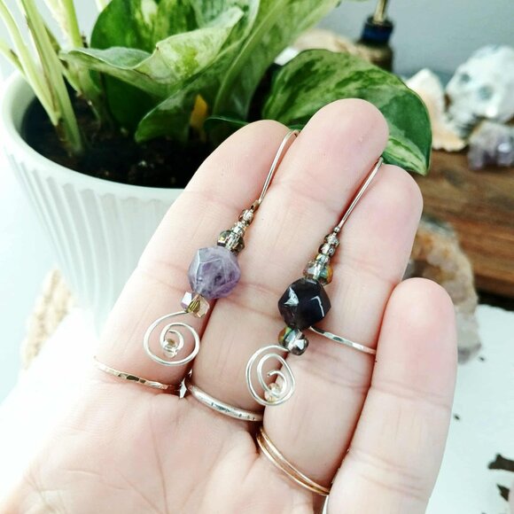 Boho Style Amethyst Dangle Drop Earrings, Crystal Gemstone Beaded Statement - Picture 5 of 10